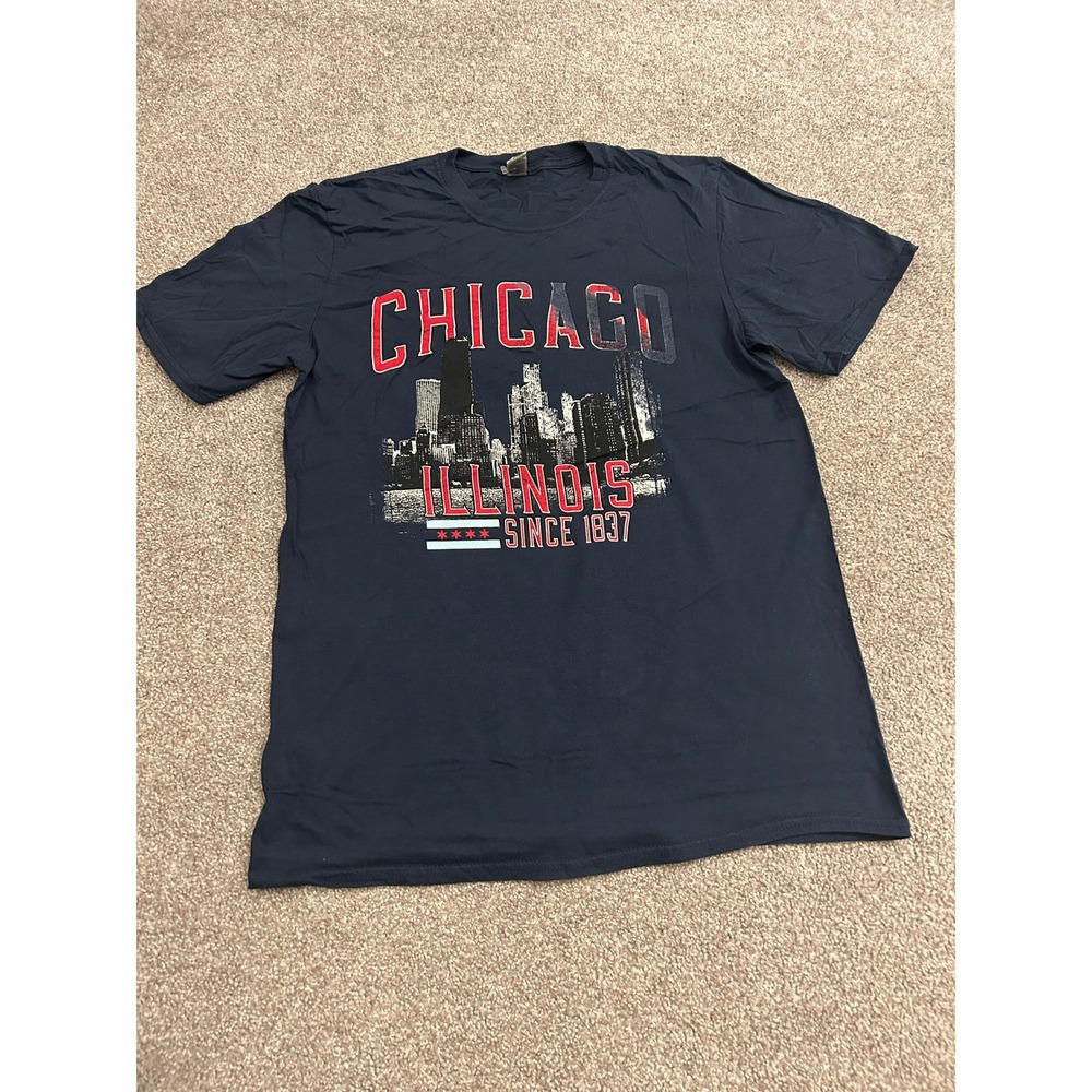 Vintage Chicago Skyline T-Shirt Mens M Navy Blue Excellent Graphic Tee Illinois